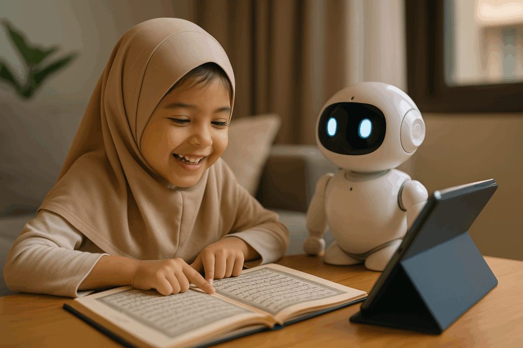 A young Muslim girl enjoying learning Quran with the help of AlifBot